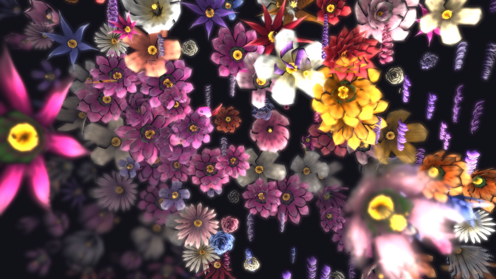 Antheia 1.1 mixed meadow at midday on Apple TV — a deep field of luminous flowers, near blooms drifting softly out of focus